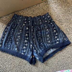 blue and white boho high rise mini shorts